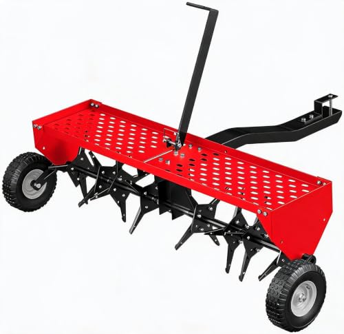 40-Inch Tow Behind Plug Aerator,Pull Behind Aerator with Durable Steel Tines Lawn & Tray and Pneumatic Tires Tow Behind Spike Aerator for Lawn, Farm,Planting - color: Black&Red-6T, size: 40in