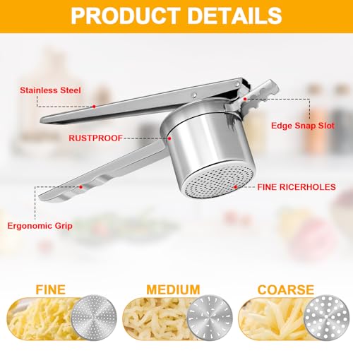 Potato Ricer 15oz, Heavy Duty Stainless Steel Potato Masher and Ricer for Mashed Potatoes,with 3 Interchangeable Discs, Potato Press Kitchen Tool for Mashed