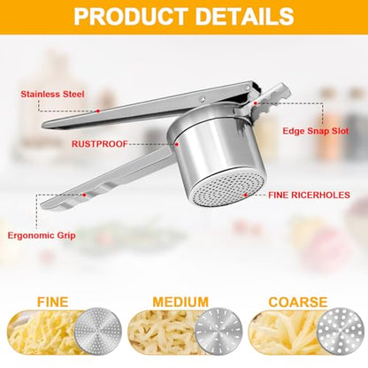 Potato Ricer 15oz, Heavy Duty Stainless Steel Potato Masher and Ricer for Mashed Potatoes,with 3 Interchangeable Discs, Potato Press Kitchen Tool for Mashed