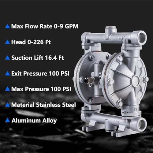 Double Diaphragm Pump Air Operated 1/2 inch Inlet/Outlet Pneumatic Waste Oil Transfer Pump for Chemical QBK-15P 9 GPM Dual Diaphram Polypropylene Nitrile Rubber by Stainless Steel Iron 120 PSI - style: 0.5 INCH PORT