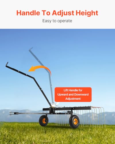 VEVOR Tow Behind Dethatcher, 60-inch Lawn Dethatcher Rake with 24 Steel Tines for ATV or Mower, Heavy Duty Q235 Steel Tow Behind Lawn Rake with Lift Handle for Farm Leaves, Pine Needles, and Grass - style: 60" Tow Behind Dethatcher