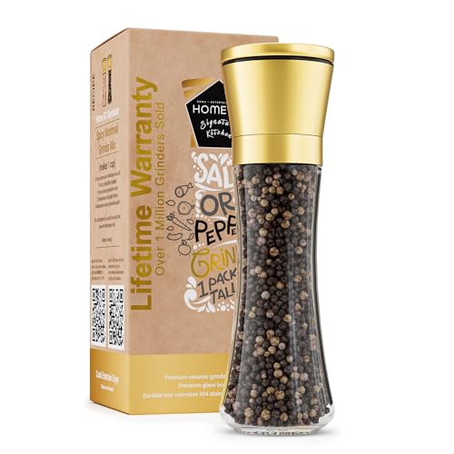 HOME EC Original Stainless Steel Salt or Pepper Grinder 1pk - Adjustable Ceramic Sea Salt Grinder or Pepper Mill - Tall Glass Spice Shaker - Spice Mill w/Ebook (Gold) - color: Gold Top/Clear Glass, size: 1pk