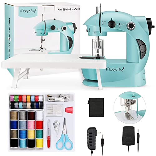 Magicfly Mini Sewing Machine with Extension Table, Dual Speed Portable Sewing Machine for Beginners with Light, Sewing Kit for Household Use, Blue - color: blue