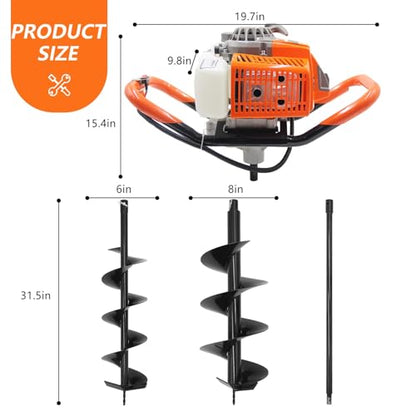 72CC 2-Stroke Gas Powered Post Hole Digger with 6" & 8" Auger Bits + Extension Rod - Heavy-Duty Earth Auger for Farm, Garden, Landscaping (Orange) (72CC + Auger(6" & 8"))