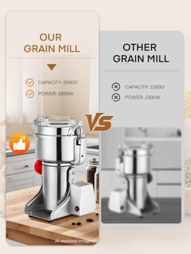 Electric Grain Mill for Flour 2500g, Flour Mill Swing 3850W, Upgrade Stainless Steel Flour Mill, High-speed Spice Herb, Commercial Superfine Machine, Dry Cereals Pulverizer