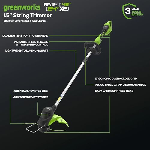 Greenworks 48V (24V x 2) 15" Cordless String Trimmer, (2) 2.0 Ah Batteries - style: 15" (2 x 2Ah)