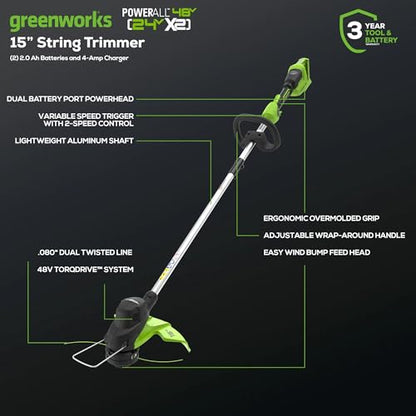 Greenworks 48V (24V x 2) 15" Cordless String Trimmer, (2) 2.0 Ah Batteries - style: 15" (2 x 2Ah)