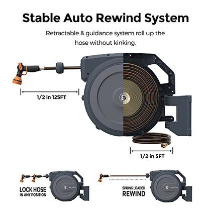 Giraffe Tools Retractable Garden Hose Reel 1/2"130FT Metal Bracket - size: 1/2 inch x 130 ft
