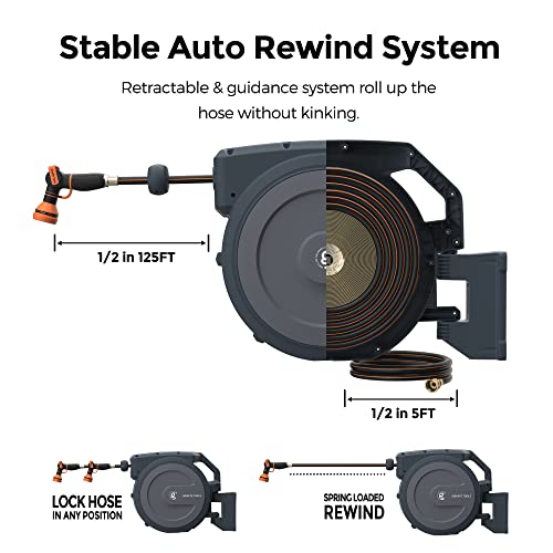 Giraffe Tools Retractable Garden Hose Reel 1/2"130FT Metal Bracket - size: 1/2 inch x 130 ft