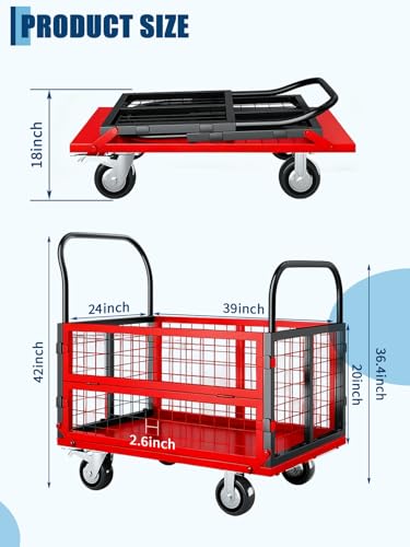 GarveeTech Platform Truck with Cage, 6-in-1 Multi-Purpose Flatbed Cart - color: Black+red