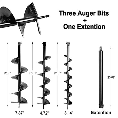 62cc Post Hole Digger Gas Powered Earth Digger 3 Bits + 3 Rods - size: 62cc+3 auger(3"5"8")+3 Ext(24"24"24")