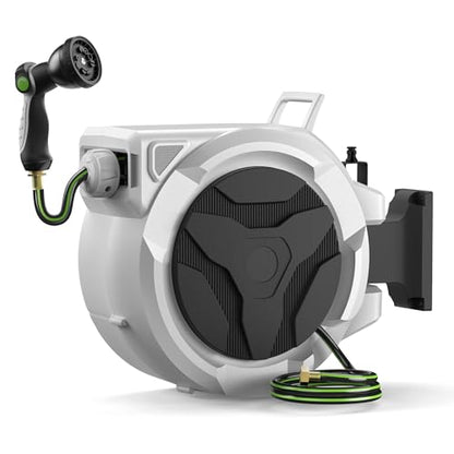 100ft Retractable Garden Hose Reel 1/2" with 10-Function Nozzle - color: Black & White