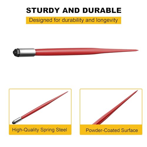 49" Hay Bale Spear, 4500 lbs Capacity Heavy Duty Bale Spike, Red Powder Coated Spring Steel, Quick Attach Replacement for Tractor Loader, 1-3/4" Diameter