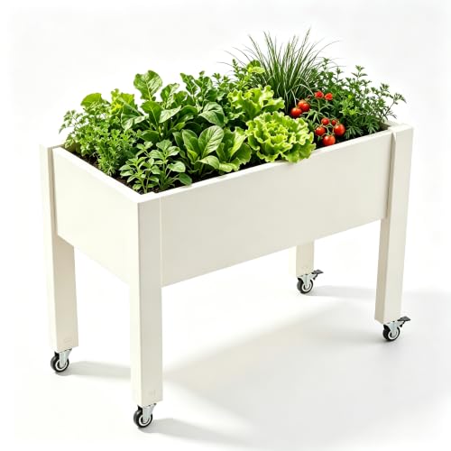Elevated Raised Garden Bed with Wheels，74" Planter Outdoor Plants,White - color: White, size: 26.3"h