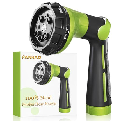 FANHAO Garden Hose Nozzle Heavy Duty, 100% Metal Water Hose Sprayer with 8 Spray Patterns, High Pressure Spray Nozzle Thumb Control On Off Valve for Lawn & Plant Watering, Car & Pet Washing - Green - color: Green
