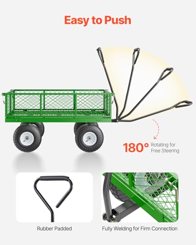 VEVOR 900 Lbs Steel Garden Cart on Wheels, Heavy Duty Pullable Garden Wagon Yard Cart, Outdoor Metal Utility Wagon with 10" Tires and Mesh Removable Sides(Convert to Flatbed), and 180°Rotating Handle - color: Black+green