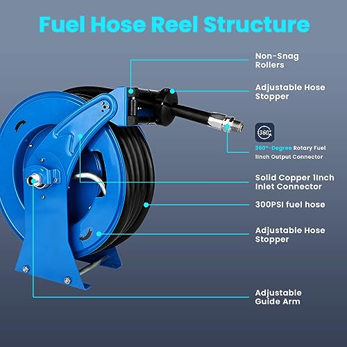 Diesel Fuel Hose Reel Blue, Heavy Duty Retractable 3/4" x 50ft Hose Reel with Automatic Shut Off 3/4 Fuel Nozzle Spring Driven Auto Swivel 300PSI Fuel Line Hose for Tank Truck Trailer Boat