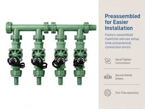 Orbit 4-Valve Preassembled Sprinkler Manifold – Easy Install, Works with PVC & Poly Pipe, Includes 4 3/4" Poly Male Adapter