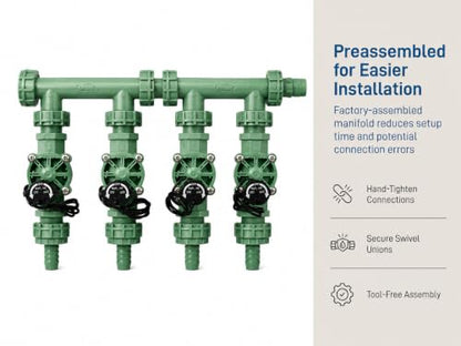Orbit 4-Valve Preassembled Sprinkler Manifold – Easy Install, Works with PVC & Poly Pipe, Includes 4 3/4" Poly Male Adapter