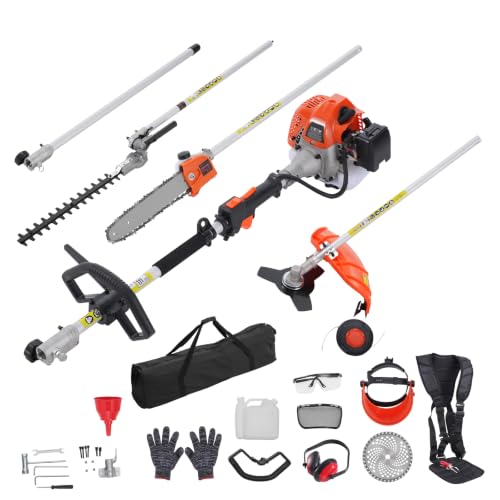 VEVOR 52cc Gas-Powered 6-in-1 Multi-Functional Trimmer - Hedge Trimmer, Brush Cutter, Weed Eater, Edger, Pole Saw & Chainsaw Pruner, EPA, CE & EMC Certified - size: 52cc