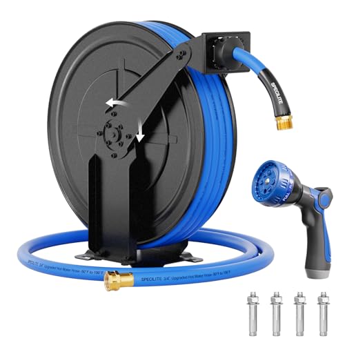 SPECILITE Hot/Cold Retractable Garden Hose Reel 50ft x 5/8", Blue - color: Blue