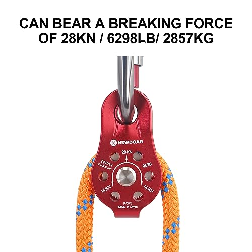 NewDoar Fixed Plate Micro Pulley,28KN CE Certified General Purpose Small Aluminum Rope Pulleys for Climbing/Aloft Work/Rappelling/Rescue Etc - color: One Unit (28KN Pulley Red)