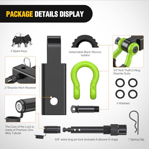 Nilight 3/4" Anti-Theft D Ring Shackle Hitch Receiver 2" Solid Towing Kit | 45000 LBs Breaking Strength 5/8" Trailer Hitch Lock Pin Heavy Duty Solid Towing Kit for Trucks Off Road Green&Black - color: Hitch w/ Lock Pin Black Green