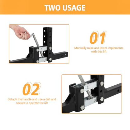 Manual Implement Lift, 1 Point and 2 Inch Receiver, 50 in, Adjustable Height, UTV ATV Rake Scrape Blade Plow Disc Universal Tow Behind Attachments