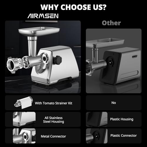 AIRMSEN Electric Meat Grinder & Tomato Sauce Press Maker with Strainer - Heavy Duty Food Mill Machine for Grinding Meat, Making Tomato Sauce, Sausage, Kibbeh for Home Kitchen Use - size: Large