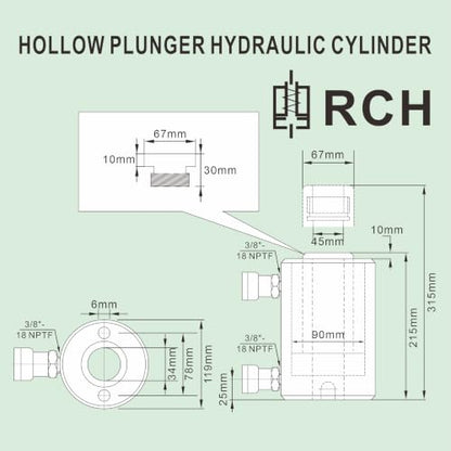 30 Ton Double-Acting Hollow Hydraulic Cylinder 100mm(4") Stroke - size: BRCH-30100