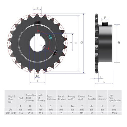 20 Tooth Roller Chain Sprocket, 25 Chain, 15mm Bore, Kw - size: 20T/15(5x2.3)mm keyway