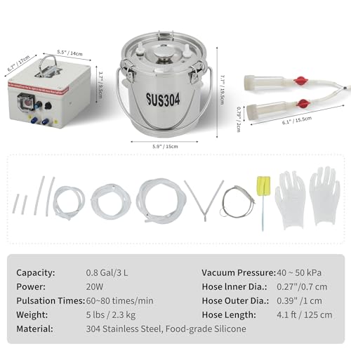 Garvee 3L Goat Milking Machine, Electric Automatic Pulsation Vacuum Milker with 304 Stainless Steel Bucket, Adjustable Suction, Portable Milker with Food-Grade Silicone Cups and Tubes for Goat | Automatic milking - size: 3L