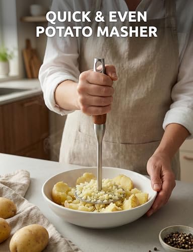 DUGATO Potato Masher, Stainless Steel Masher Tool with Wood Handle