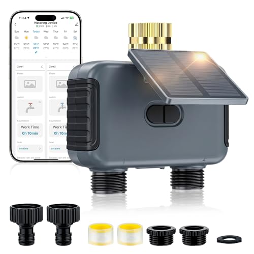 Mcbazel Solar & Type-C Charging WiFi Water Timer for Garden Hose, Smart 2-Zone Sprinkler Controller with App & Voice Control, Programmable Irrigation System with Auto & Manual Modes for Yard