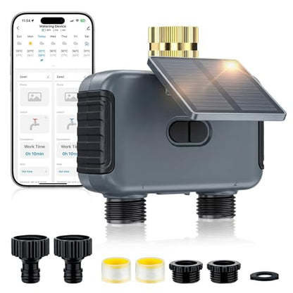 Mcbazel Solar & Type-C Charging WiFi Water Timer for Garden Hose, Smart 2-Zone Sprinkler Controller with App & Voice Control, Programmable Irrigation System with Auto & Manual Modes for Yard