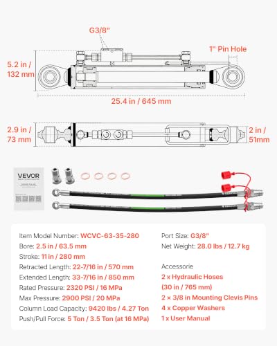 VEVOR Hydraulic Top Link Cat. 2-2 (11 in Stroke, 22-7/16 in to 33-7/16 in), Max 2900PSI Hydraulic Cylinder with 2 Hoses & G3/8" Check Valves for Tractors
