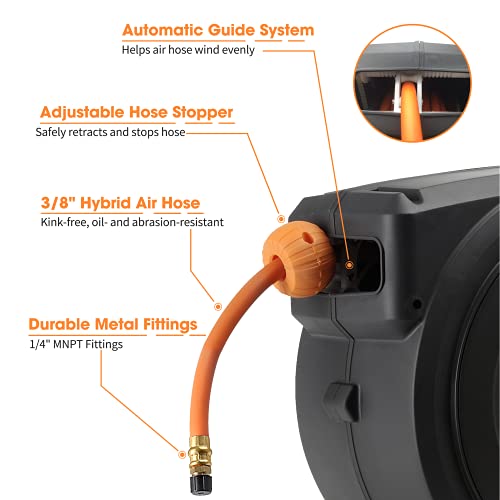 Giraffe Tools Retractable Air Hose Reel Enclosed with 3/8" x 50 ft, 300 PSI - color: Black