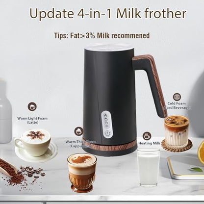 Electric Milk Frother and Steamer, 4-in-1 Milk Steamer with Wood Elements Design, Automatic Hot & Cold Foam Maker for Latte, Cappuccinos, Macchiato, Milk Warmer, Black (black) - color: Black