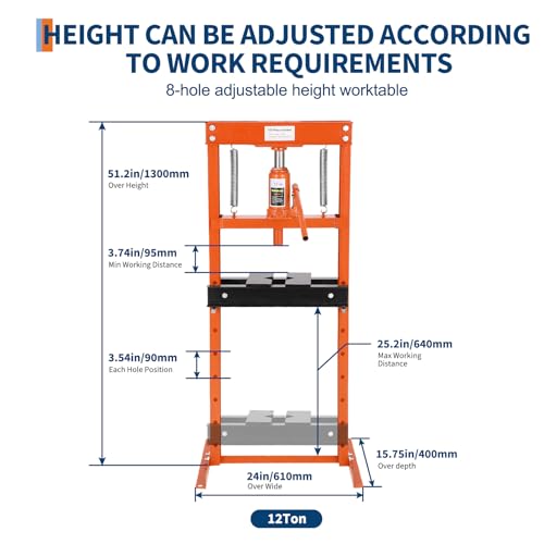 DEXSO 12 Ton H-Frame Hydraulic Shop Press, Orange