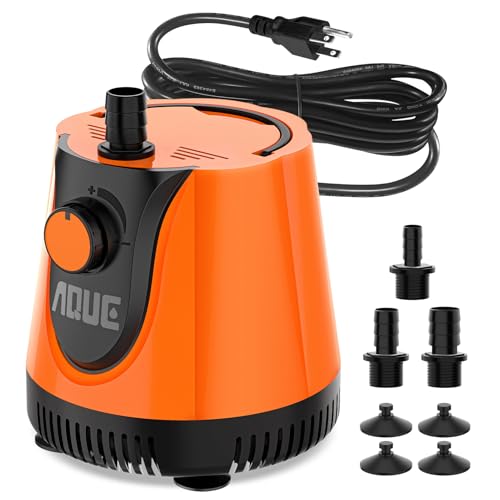 AQUE Silent Submersible Pump, 360° water intake, adjustable flow. For fish tanks, ponds, aquariums, waterfalls, fountains & hydroponics. Includes 6-ft cord & 3 nozzles (20W). - size: 20W 300GPH