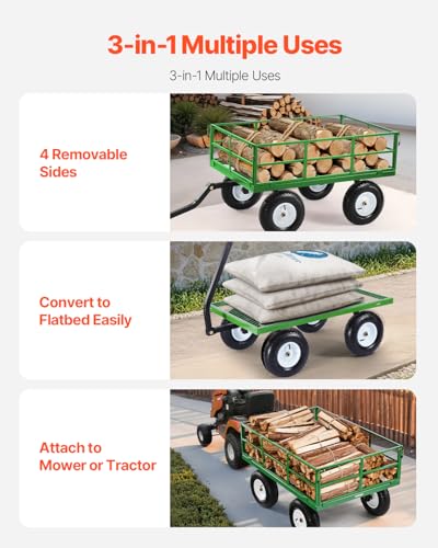 VEVOR 1200 Lbs Steel Garden Cart, Heavy Duty Pullable Garden Wagon Yard Cart, 2 in 1 Outdoor Metal Utility Wagon Yard Trailer with 13" All Terrain Tires, Mesh Removable Sides and 180°Rotating Handle - color: Black+green