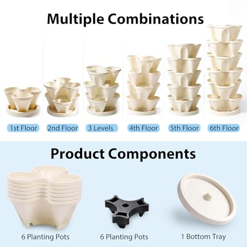 Roixeeds Vertical Planter Tower - 6 Tier Stackable Garden Planters for Strawberries, Herbs, Flowers, Vegetables, Indoor Outdoor Use