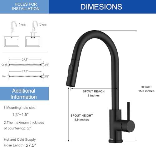 Tohlar Black Kitchen Faucets with Pull Down Sprayer and Deck Plate - color: Matte Black, style: Standard