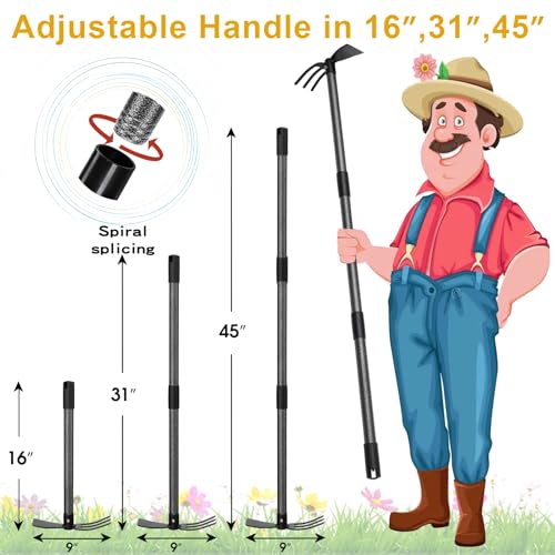 Hoe and Cultivator - 45” Long Handle - Heavy Duty Garden Hoe Tiller, Standing Hoe Garden Tools Durable Cultivator Hoes Hand Rake Fork for Gardening Weeding Planting Loosening Soil - size: 45"