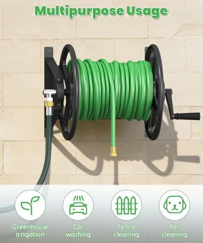 Garden Hose Reel Wall Mounted, Heavy-Duty Water Hose Holder Winder with 3.9 ft Leader Hose & Brass Fitting, Hose Hanger Storage Rack Holds 125-Feet of, 5/8-Inch, for Yard Lawn Farm, Black - color: Black