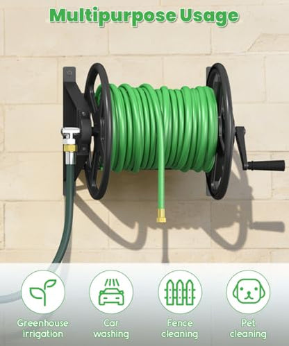 Garden Hose Reel Wall Mounted, Heavy-Duty Water Hose Holder Winder with 3.9 ft Leader Hose & Brass Fitting, Hose Hanger Storage Rack Holds 125-Feet of, 5/8-Inch, for Yard Lawn Farm, Black - color: Black