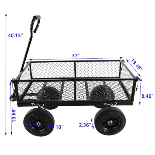 1000 lbs Heavy Duty Steel Garden Cart, 2-in-1 Convertible Utility Wagon with Removable Mesh Sides & Flatbed, 10" Solid No-Flat Tires, 180° Rotating T-Handle Yard Cart for Lawn, Farm, Warehouse,Black - color: Black