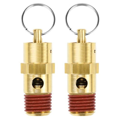 QWORK Brass Pressure Relief Valve (2 Pack) - 1/4 Inch NPT Threaded, 150 PSI Rating, Air Compressor Check Valve with Seal Thread Locks