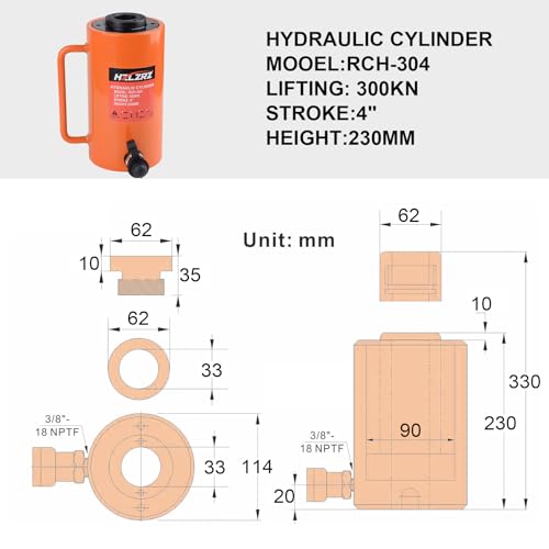 HZLZRZ 30T Hydraulic Cylinder Jack Hollow Single Acting Hydraulic Ram Cylinder, Hydraulic Lifting Cylinders 4"(101mm) and Porta Power Kit (RCH-304) - style: RCH-304
