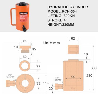 HZLZRZ 30T Hydraulic Cylinder Jack Hollow Single Acting Hydraulic Ram Cylinder, Hydraulic Lifting Cylinders 4"(101mm) and Porta Power Kit (RCH-304) - style: RCH-304